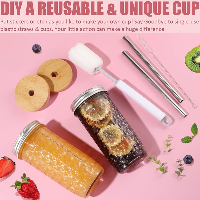 Reusable Boba Tea Cups, Glass Tumblers with Lids and Straws, Mason Jar Drinking Glasses for Iced Coffee