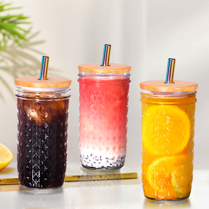 Reusable Boba Tea Cups, Glass Tumblers with Lids and Straws, Mason Jar Drinking Glasses for Iced Coffee