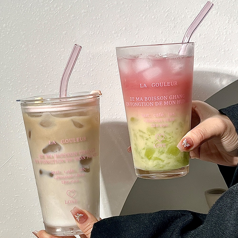 Cute Glass Tumbler With Straw And Lid Transparent Bubble Tea Cup Iced Coffee Juice Tea Glass Letter 1