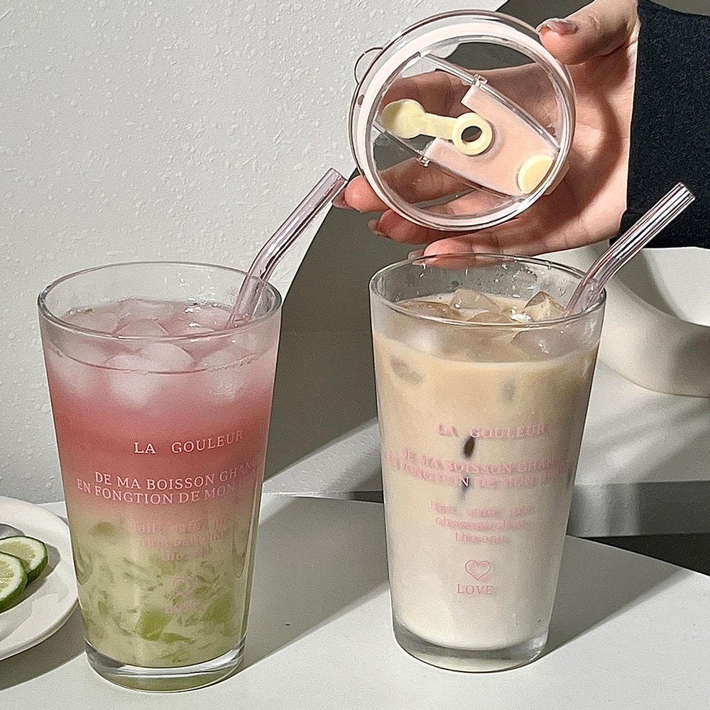 Cute Glass Tumbler With Straw And Lid Transparent Bubble Tea Cup Iced Coffee Juice Tea Glass Letter 4