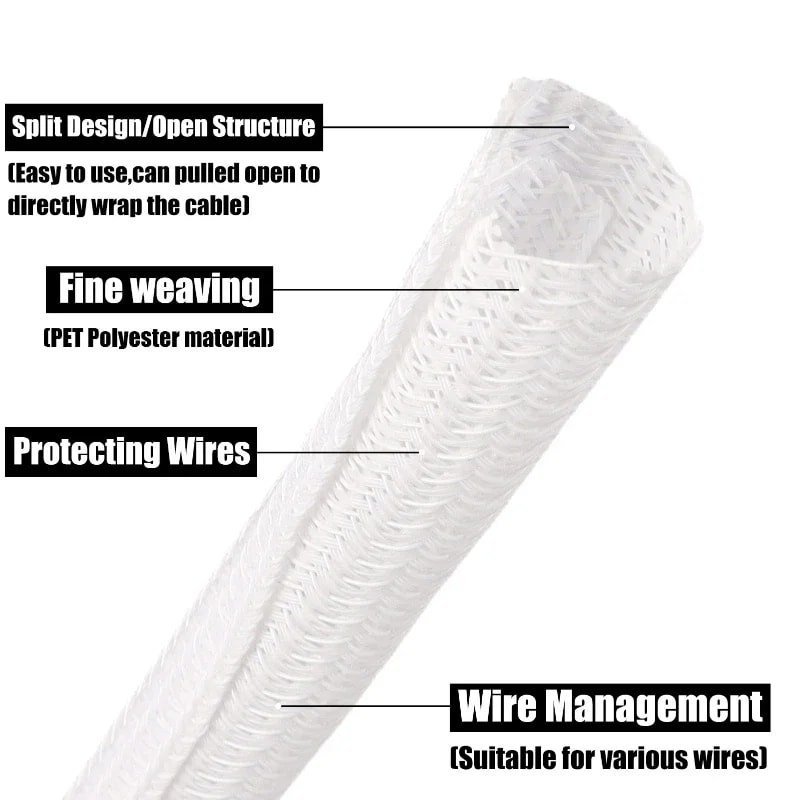 Braided Insulated White Self Closed Cable Sleeve Loom Split Wrap Wire Organizer 2