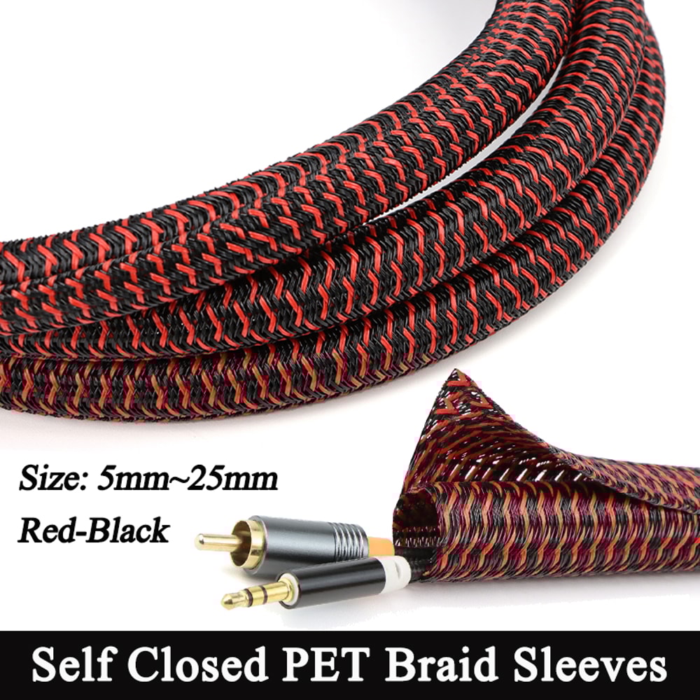 BlackRed Braided SelfClosed Cable Sleeve Insulated Auto Wire Loom Wrap Split Organize 1