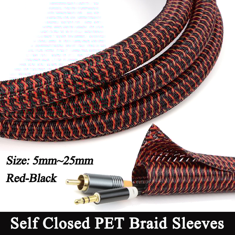 BlackRed Braided SelfClosed Cable Sleeve Insulated Auto Wire Loom Wrap Split Organize 1