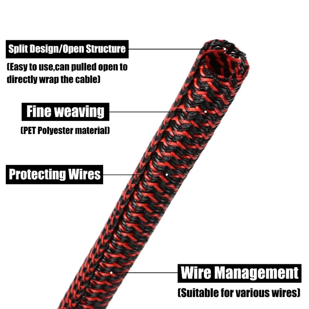 BlackRed Braided SelfClosed Cable Sleeve Insulated Auto Wire Loom Wrap Split Organize 2