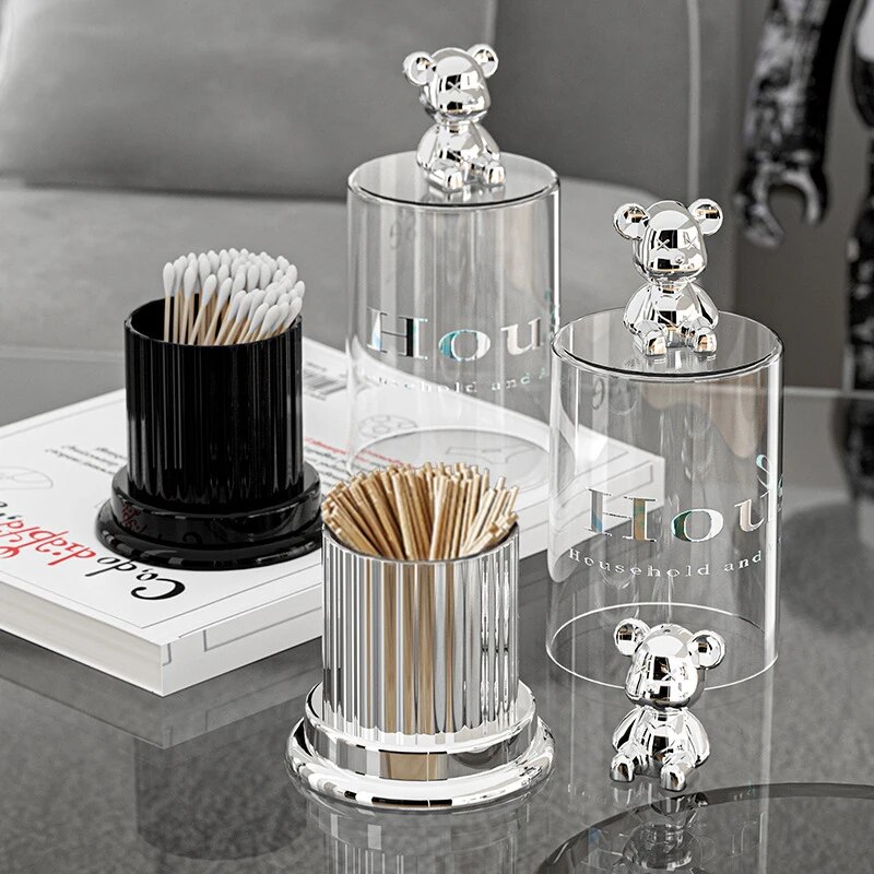Bear Acrylic Toothpick Box High Appearance Level Toothtip Holder Cotton Swab Floss Storage Organize 2