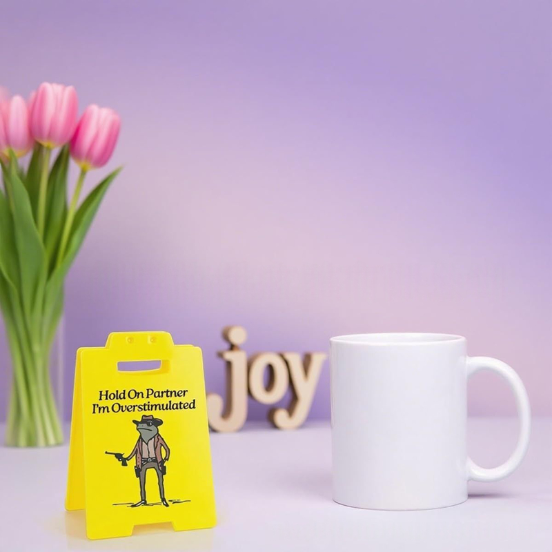 Funny Desk Sign Hold On Partner I'm Overstimulated Office Decor for Women Coworkers Desk Decoration