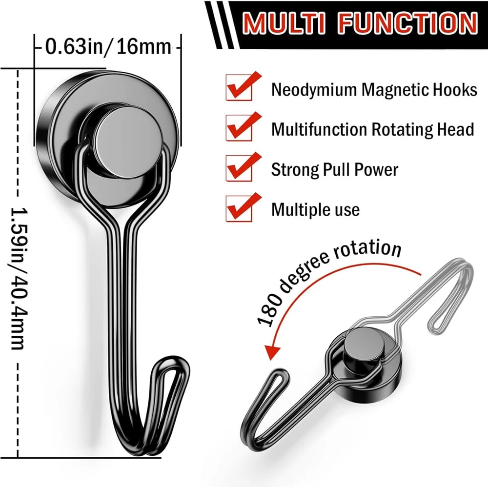 Strong Magnetic Hooks Black Neodymium Magnet Heavy Duty Swivel Hook For Grill Refrigerator Locker 4