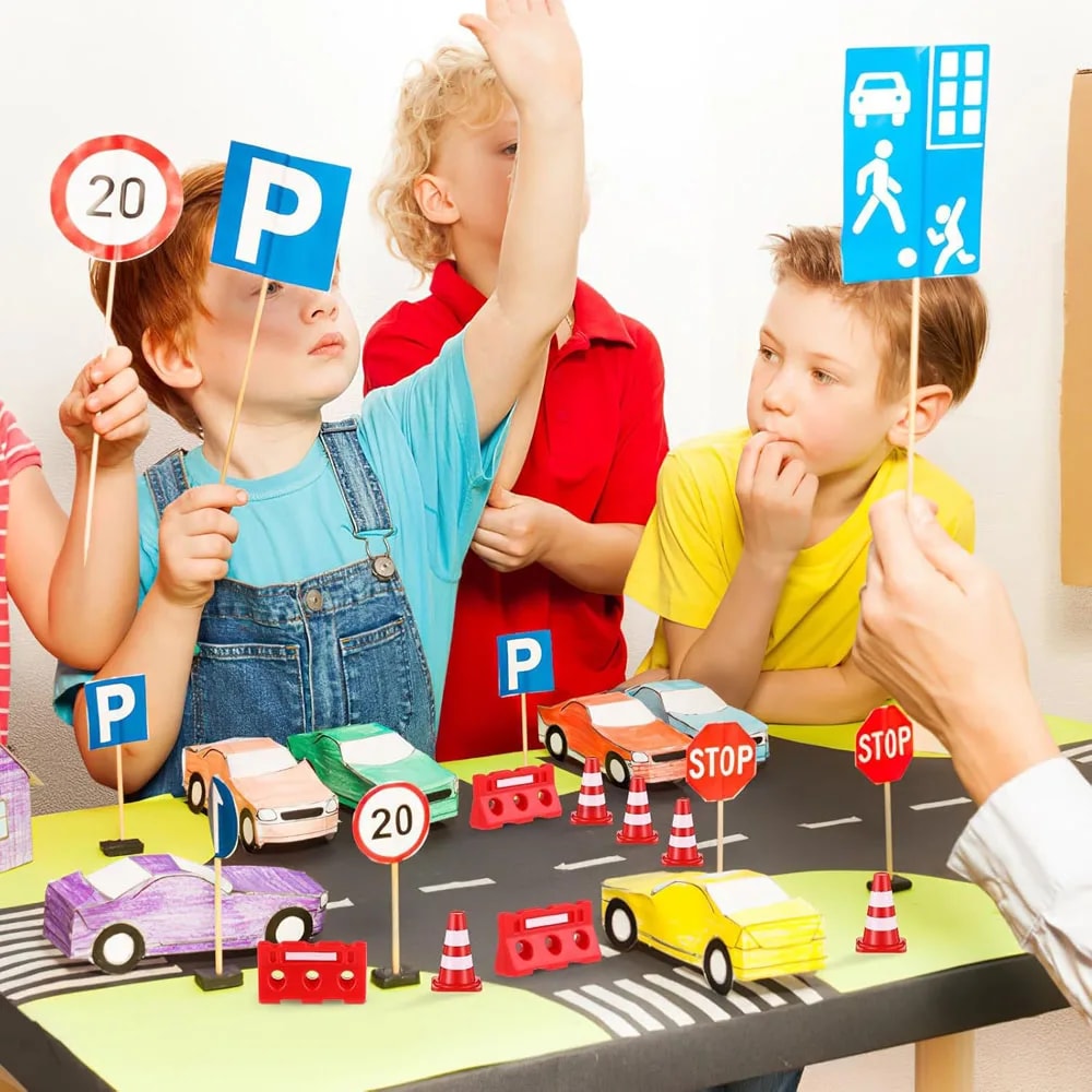 Mini Construction Traffic Sign Set, Mini Plastic Road Street Signs, Toys For Kids, Cone Construction Theme Party Gift