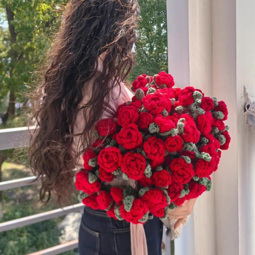 Handmade Crochet Rose Blanket Bouquet with Gift Bag Valentine's Day Birthday Gift