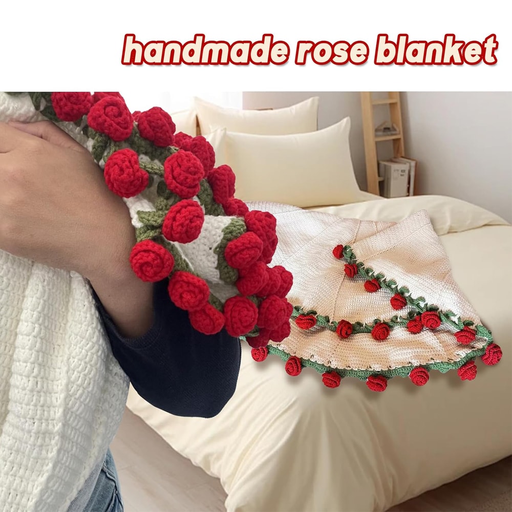 Handmade Crochet Rose Blanket Bouquet with Gift Bag Valentine's Day Birthday Gift