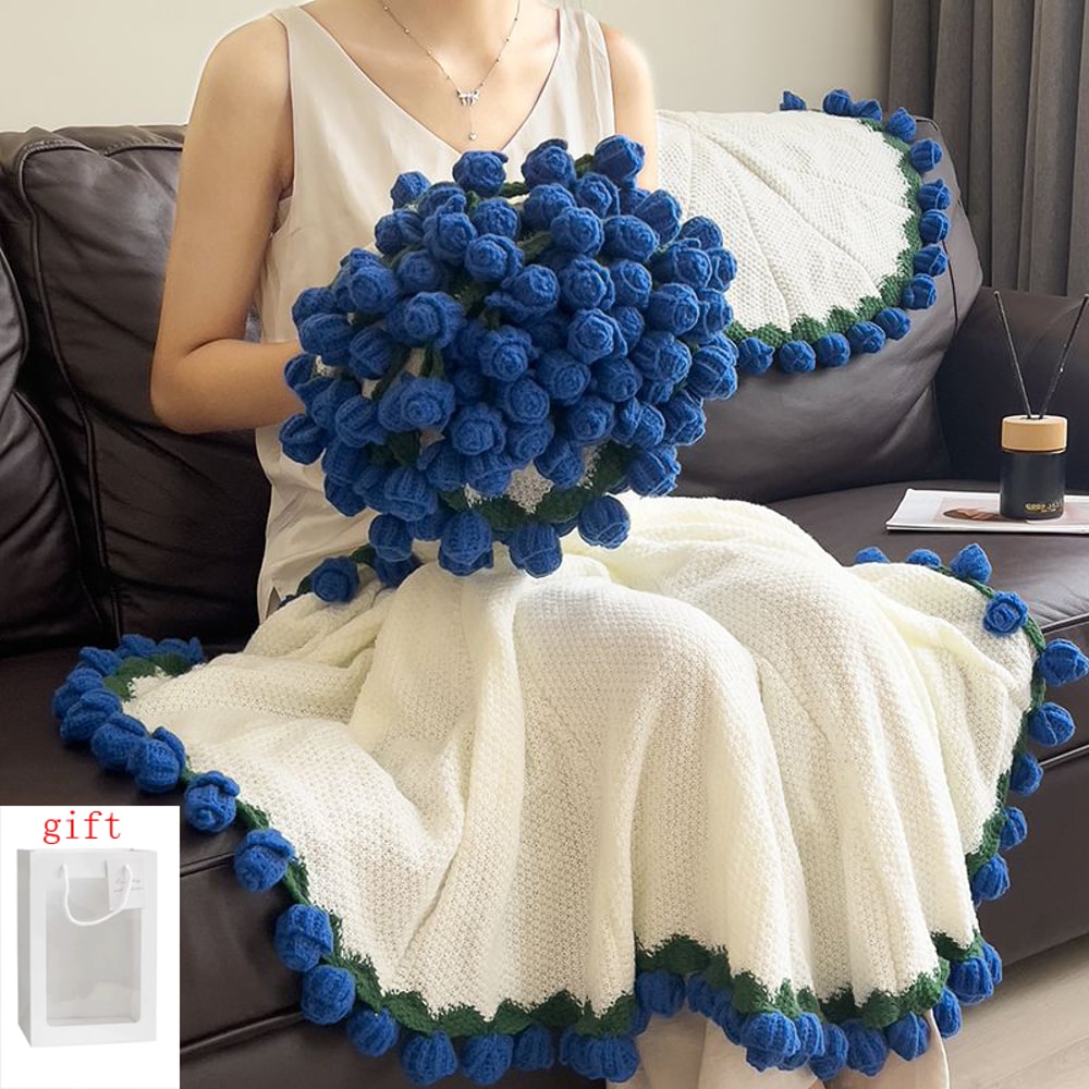 Handmade Crochet Rose Blanket Bouquet with Gift Bag Valentine's Day Birthday Gift