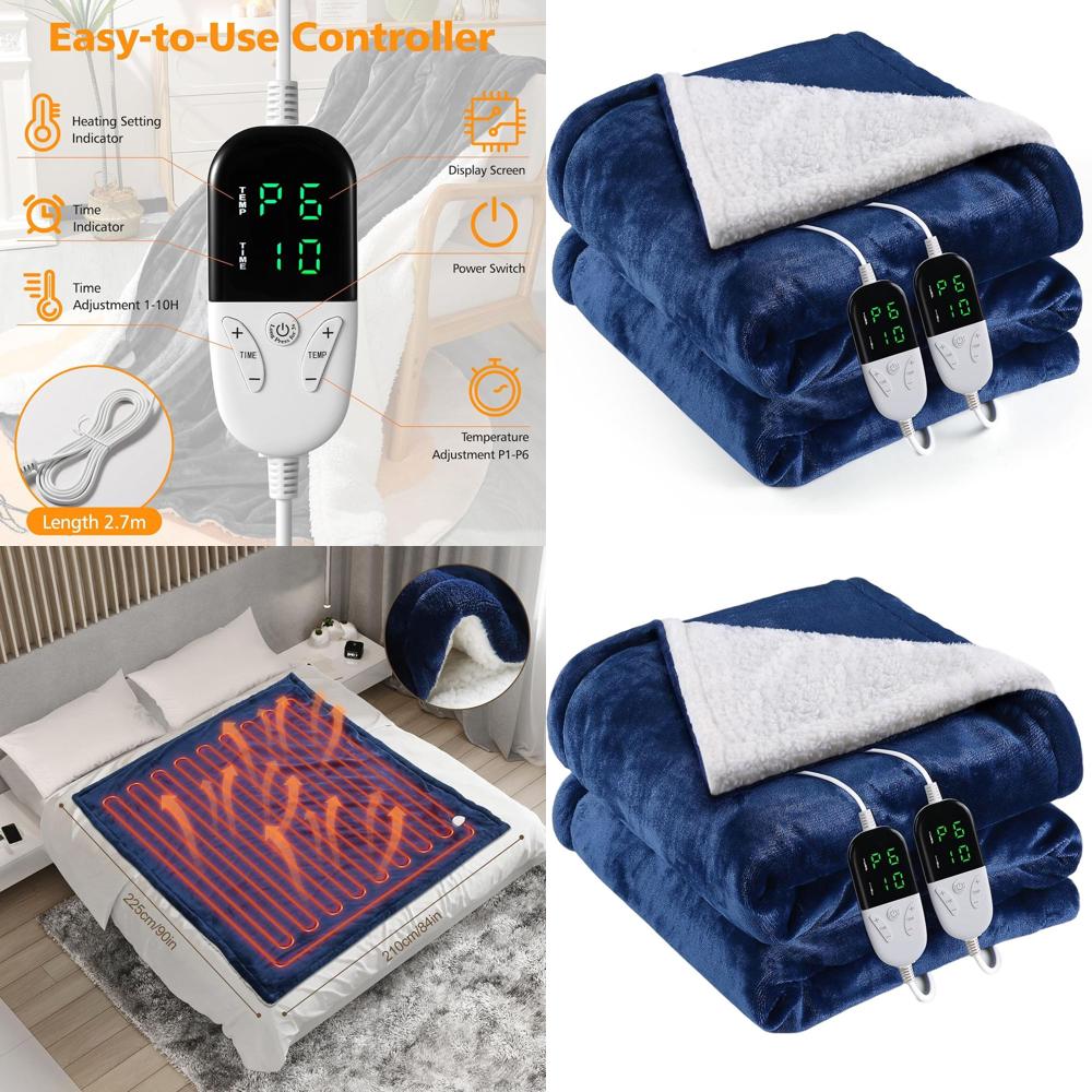 Blue Queen Size Electric Blanket Washable With Heat Levels And AutoOff 1