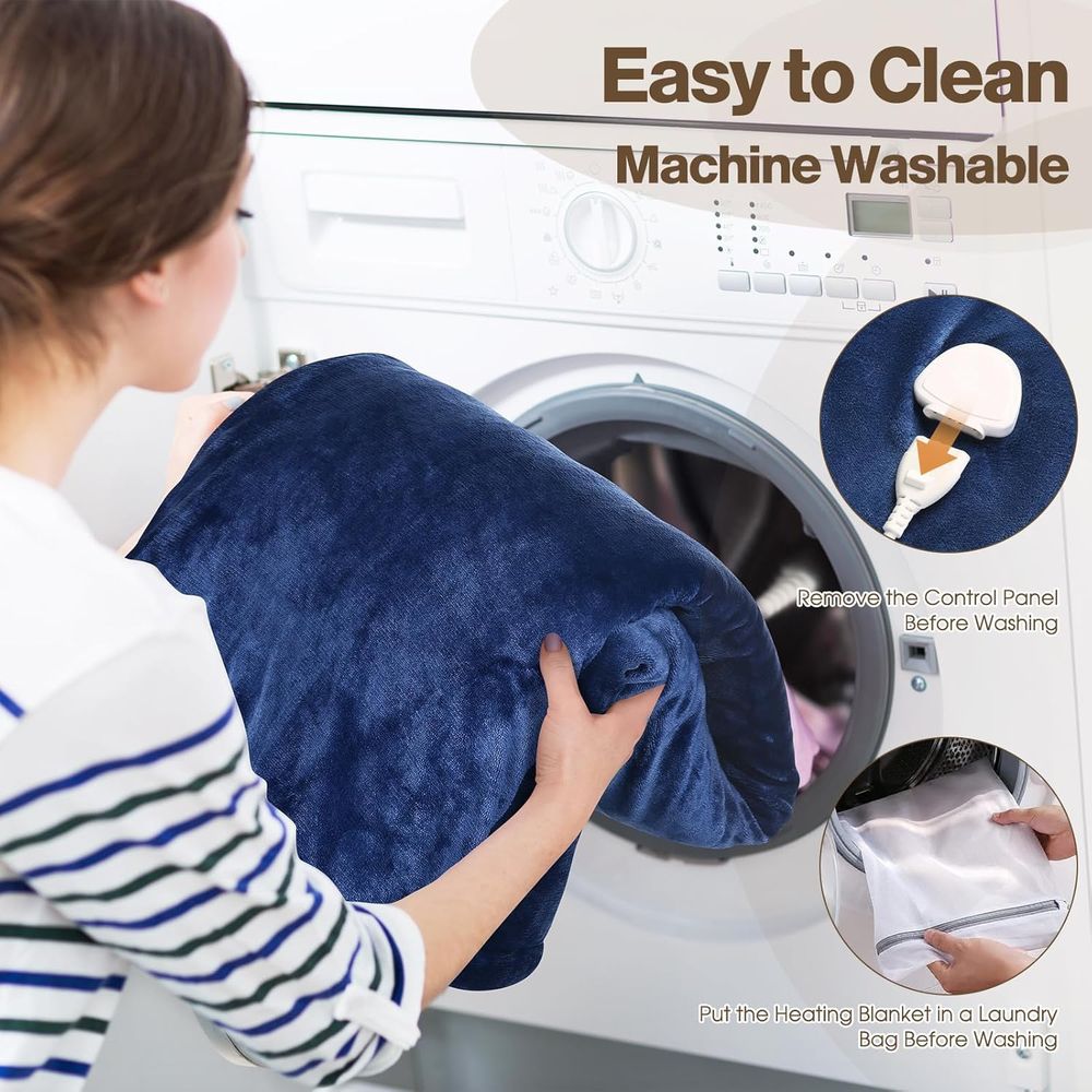 Blue Queen Size Electric Blanket Washable With Heat Levels And AutoOff 2