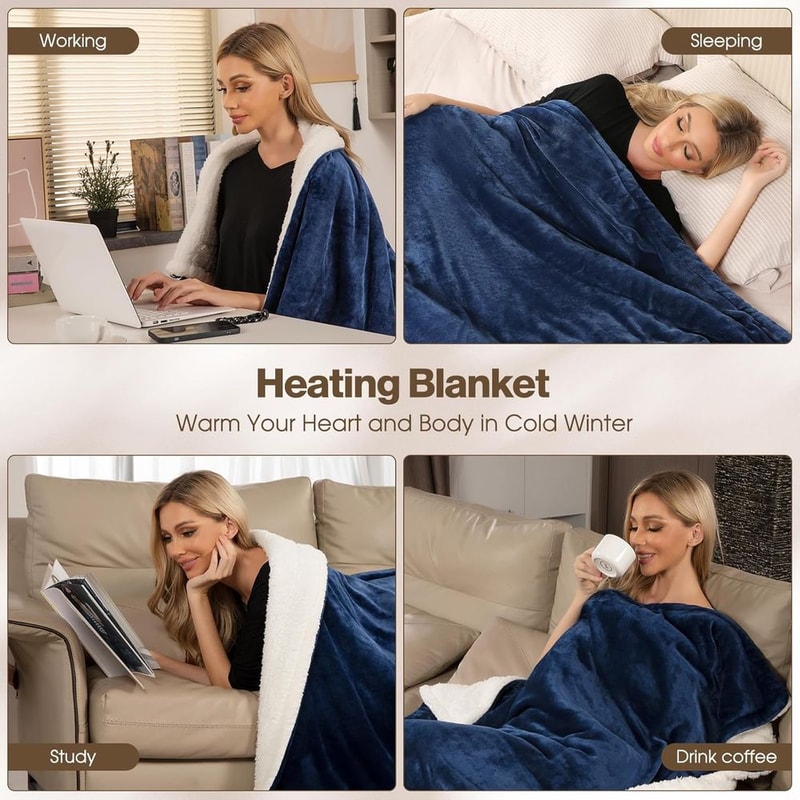 Blue Queen Size Electric Blanket Washable With Heat Levels And AutoOff 5