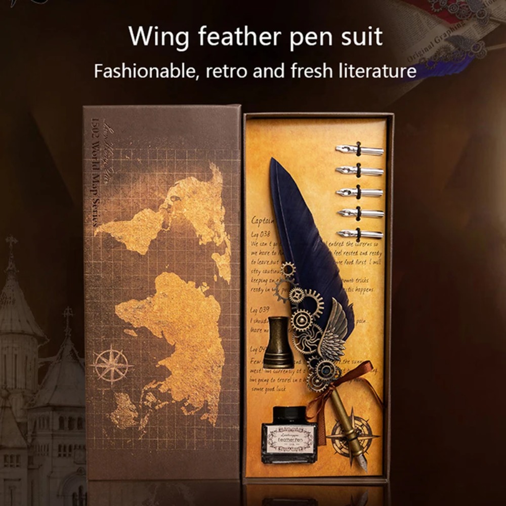 Mechanical Wings Map With Base Antique Feather Dip Pen Creative Birthday Gift Set For Business Holi 1
