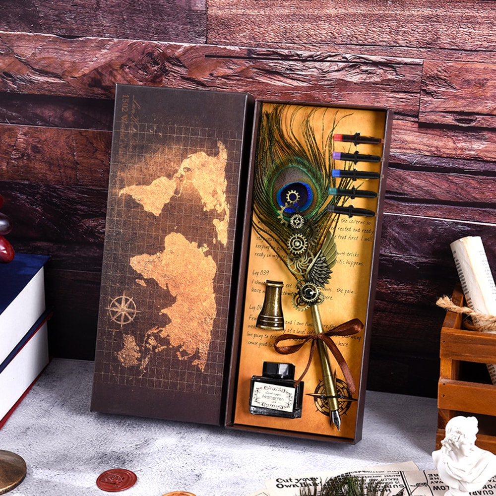 Mechanical Wings Map With Base Antique Feather Dip Pen Creative Birthday Gift Set For Business Holi 7