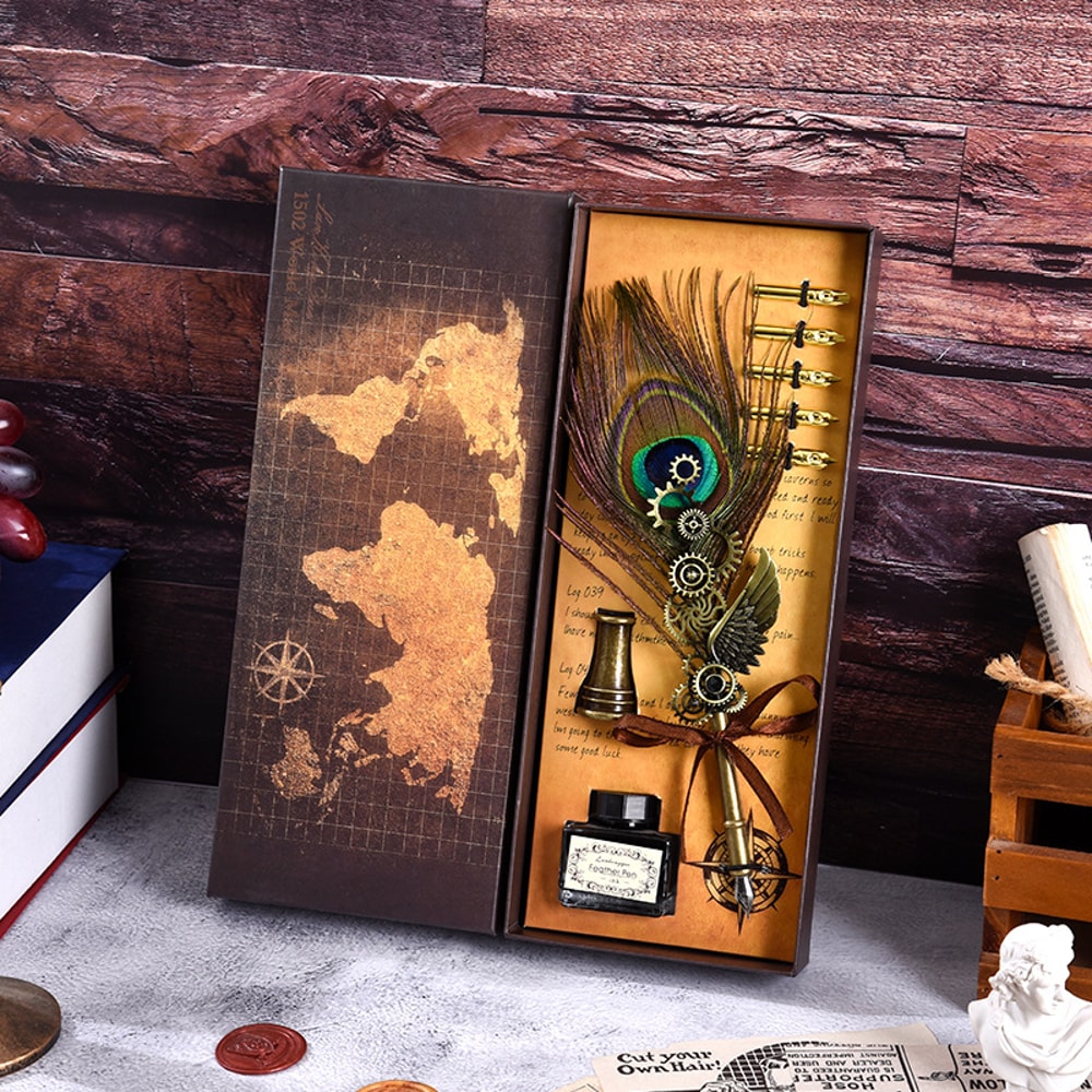 Mechanical Wings Map With Base Antique Feather Dip Pen Creative Birthday Gift Set For Business Holi 8