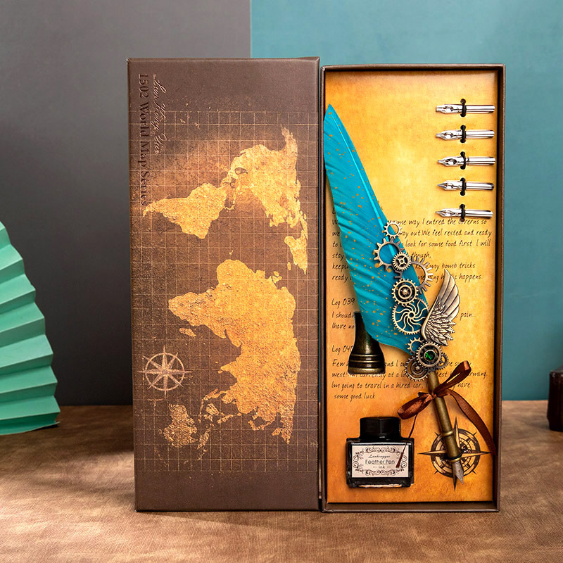 Mechanical Wings Map with Base Antique Feather Dip Pen, Creative Birthday Gift Set for Business Holiday Gifts