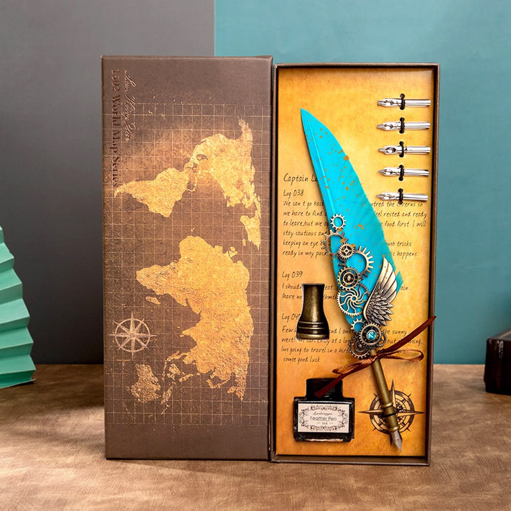 Mechanical Wings Map with Base Antique Feather Dip Pen, Creative Birthday Gift Set for Business Holiday Gifts