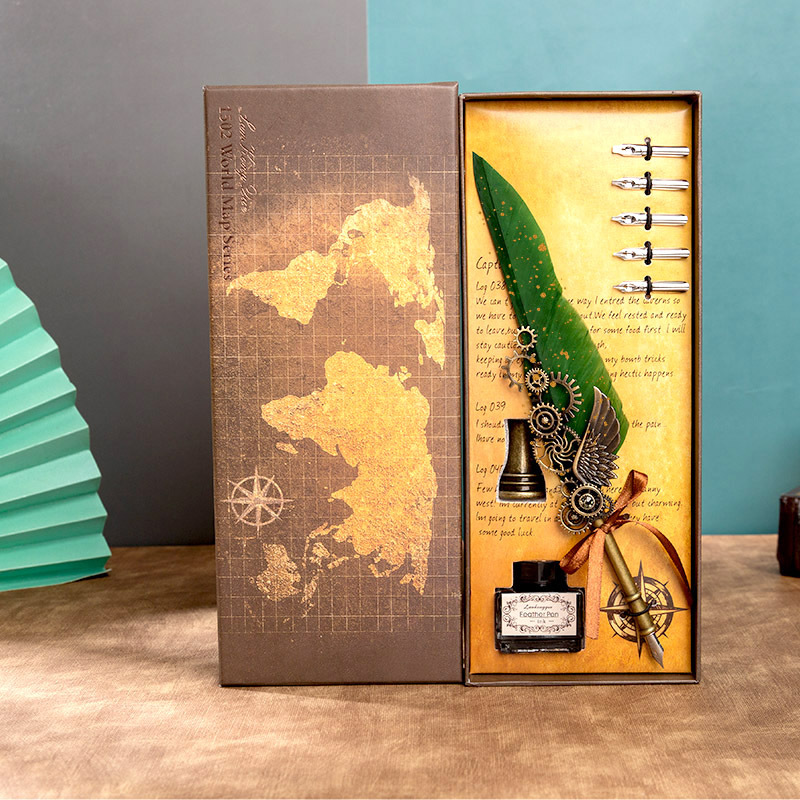 Mechanical Wings Map with Base Antique Feather Dip Pen, Creative Birthday Gift Set for Business Holiday Gifts