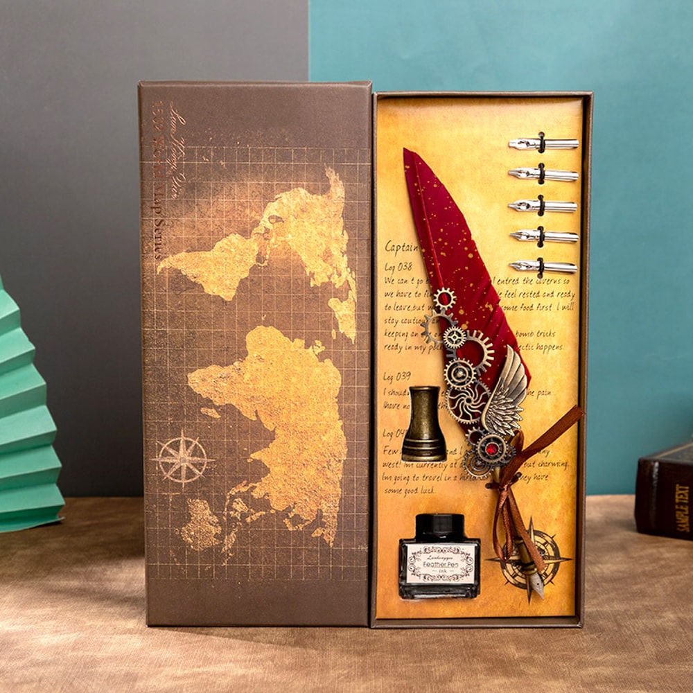 Mechanical Wings Map with Base Antique Feather Dip Pen, Creative Birthday Gift Set for Business Holiday Gifts