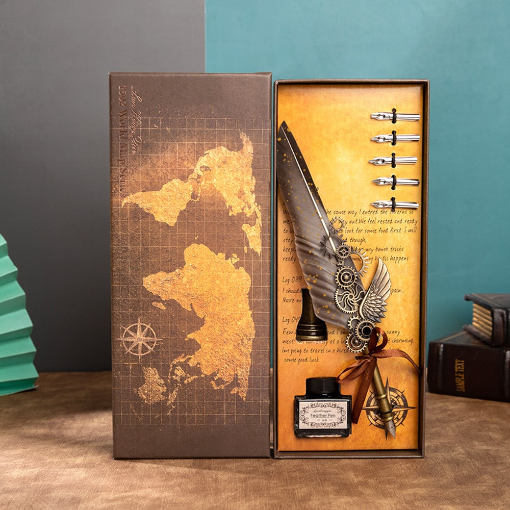 Mechanical Wings Map with Base Antique Feather Dip Pen, Creative Birthday Gift Set for Business Holiday Gifts