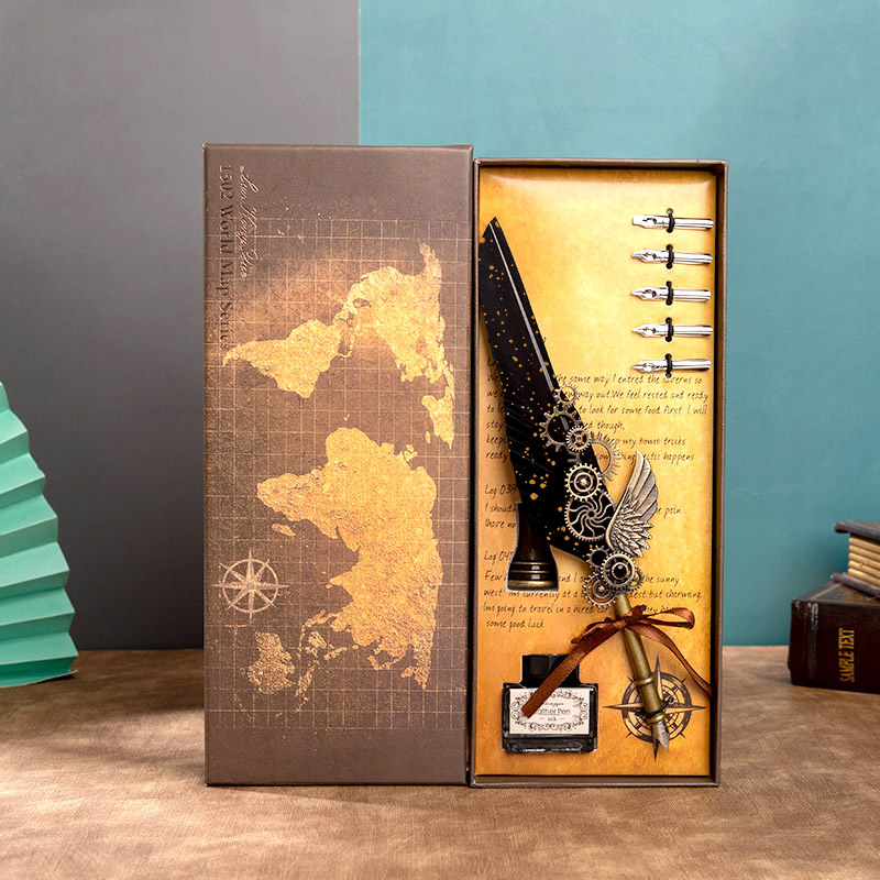 Mechanical Wings Map with Base Antique Feather Dip Pen, Creative Birthday Gift Set for Business Holiday Gifts