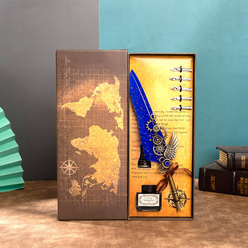 Mechanical Wings Map with Base Antique Feather Dip Pen, Creative Birthday Gift Set for Business Holiday Gifts