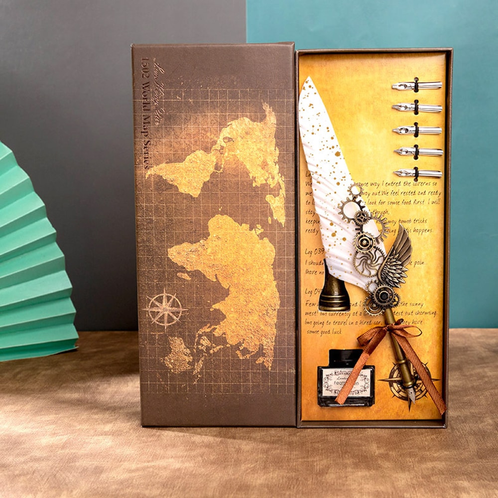 Mechanical Wings Map with Base Antique Feather Dip Pen, Creative Birthday Gift Set for Business Holiday Gifts