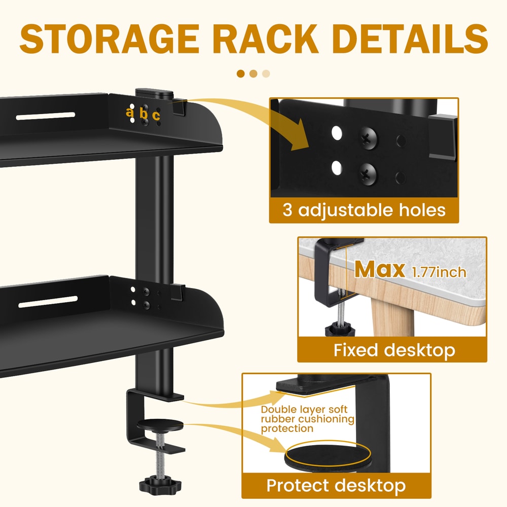 Adjustable Clamp-on Desk Shelf, No Drill, Metal Organizer Rack, High Load-Bearing, Space Saving, Desktop Clamp