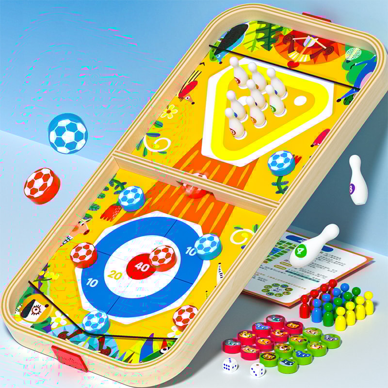 Multi in One Wooden Game Chess Bounce Bowling Ice Hockey Flying Chess for Family Party Fun Kids Adults