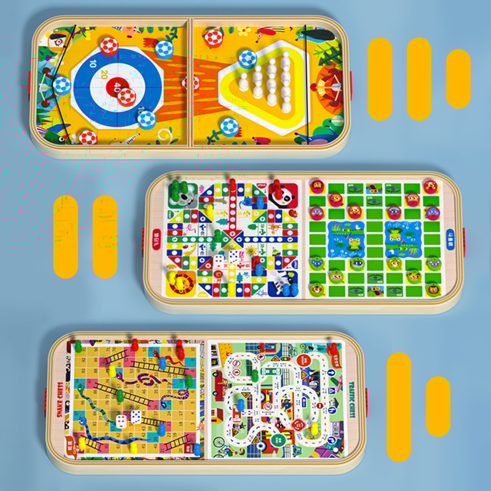 Multi in One Wooden Game Chess Bounce Bowling Ice Hockey Flying Chess for Family Party Fun Kids Adults