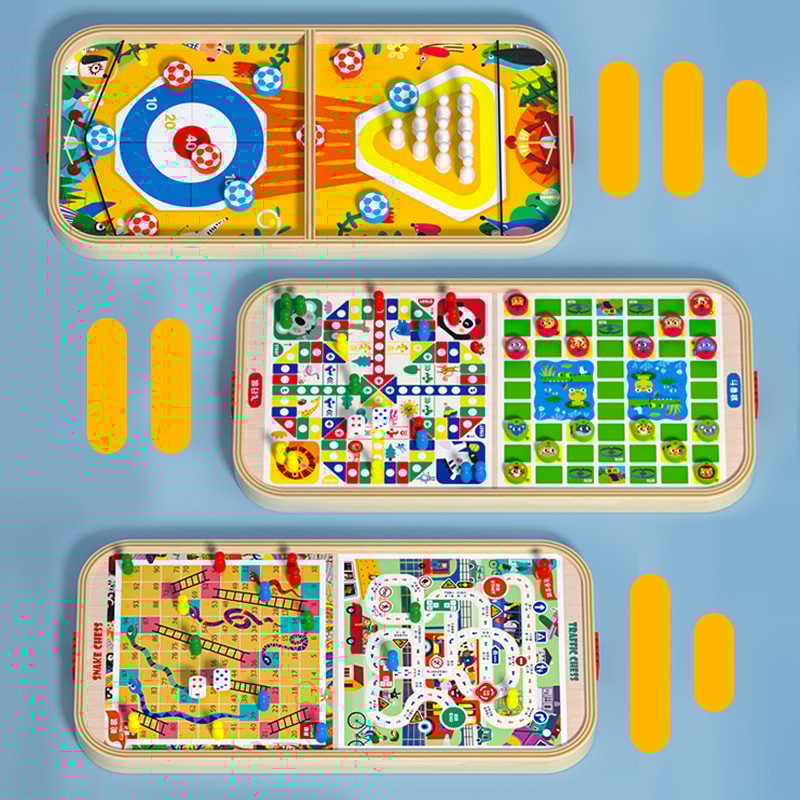 Multi in One Wooden Game Chess Bounce Bowling Ice Hockey Flying Chess for Family Party Fun Kids Adults