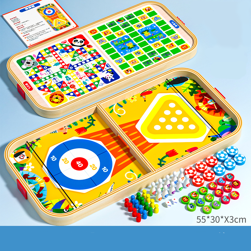 Multi in One Wooden Game Chess Bounce Bowling Ice Hockey Flying Chess for Family Party Fun Kids Adults