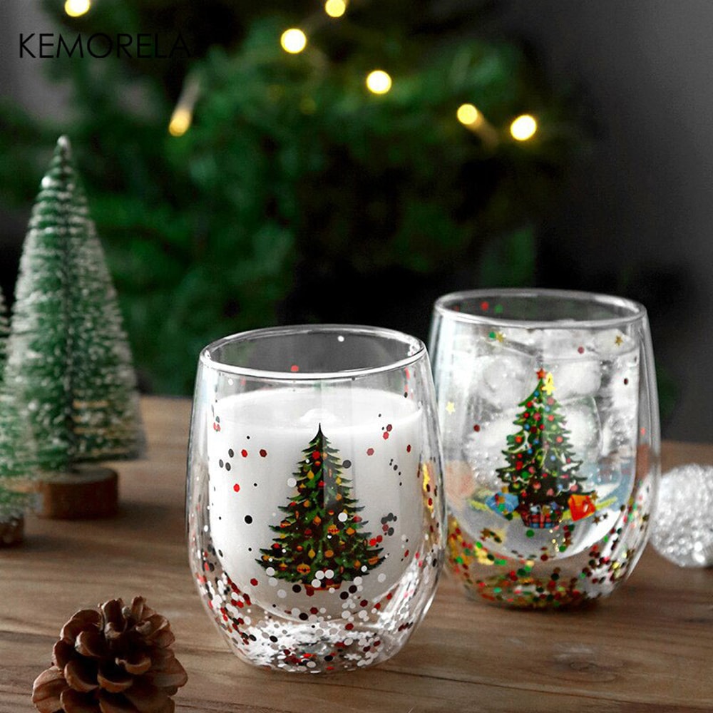 Beautiful Double-Wall Christmas-Themed Glass Mug Heat-Resistant Cup for Coffee Water Ideal Bar Drinkware Christmas Gift
