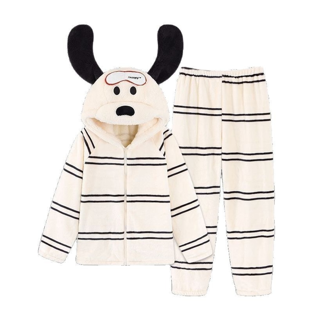 Womens Winter Cute Girl Cartoon Puppy Hooded Coral Fleece Pajamas Set Thickened Loungewear Pajamas 4