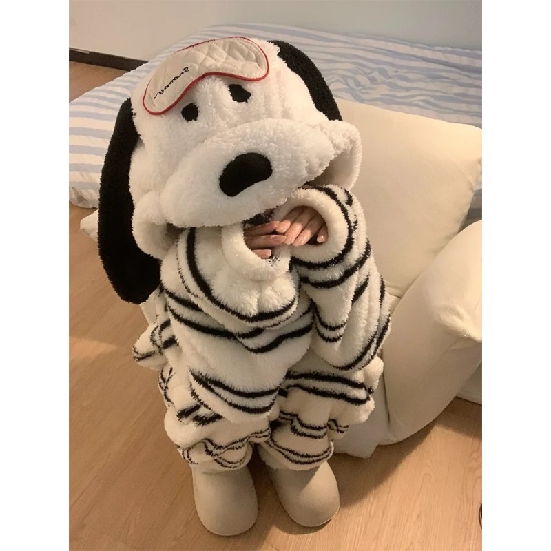 Womens Winter Cute Girl Cartoon Puppy Hooded Coral Fleece Pajamas Set Thickened Loungewear Pajamas 1