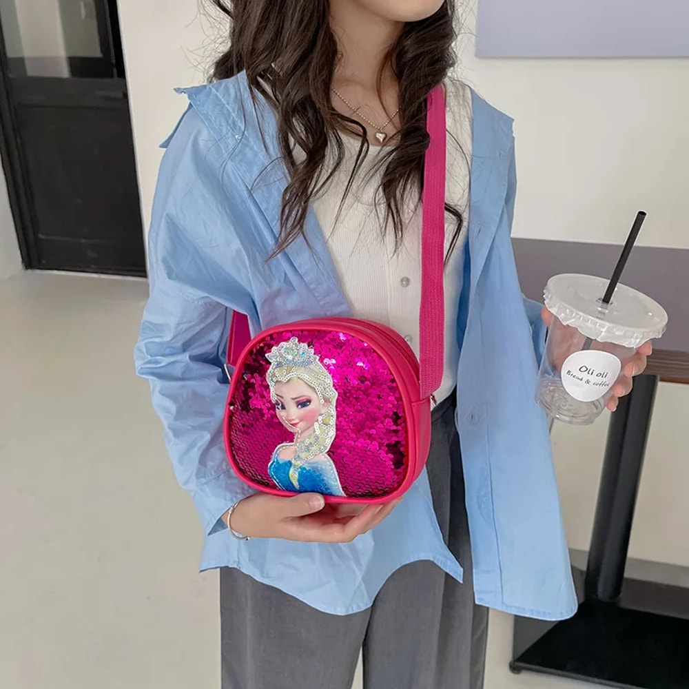 Disney Frozen Elsa Princess Crossbody Bag Girls Handbags Sequins PU Leather Multifunctional Bag Bir 2