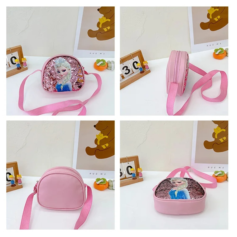 Disney Frozen Elsa Princess Crossbody Bag Girls Handbags Sequins PU Leather Multifunctional Bag Bir 4