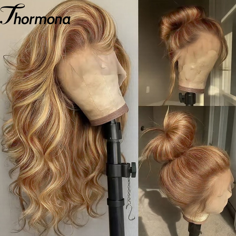 Lace Front Wig Body Wave Synthetic HD Ombre Honey Blonde Blonde Highlight Lace Frontal Wig 0