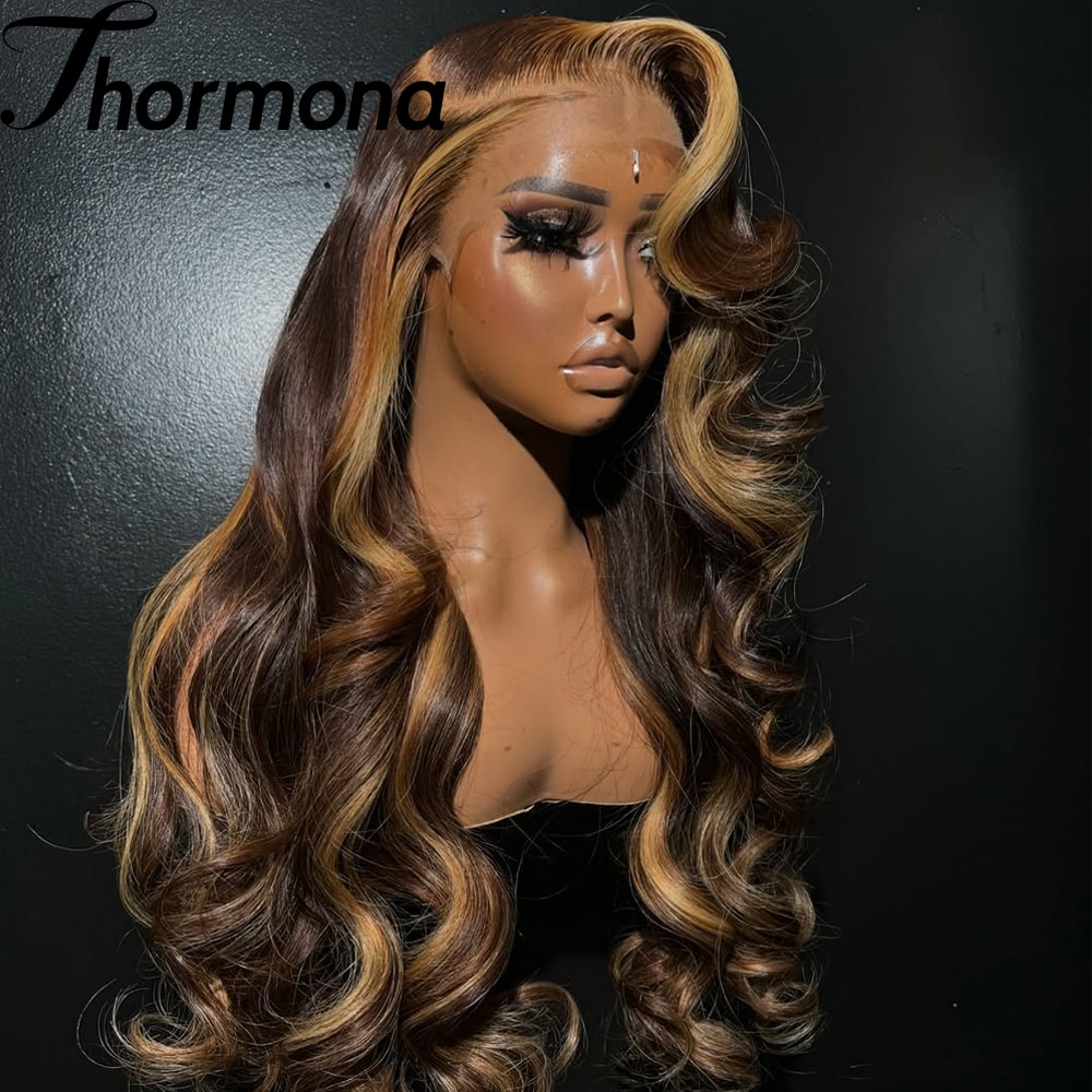 Lace Front Wig Body Wave Synthetic HD Ombre Honey Blonde Blonde Highlight Lace Frontal Wig 8