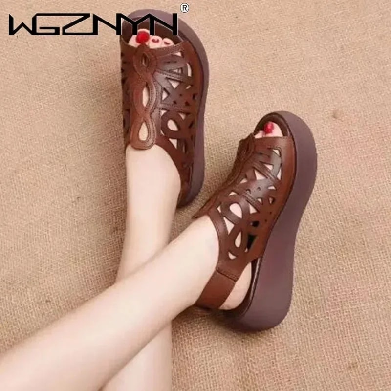 Soft Leather Designer Women Sandals Luxury Wedges Shoes for Women Summer Retro Casual Female Heels