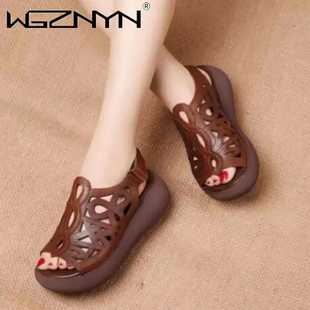 Soft Leather Designer Women Sandals Luxury Wedges Shoes for Women Summer Retro Casual Female Heels
