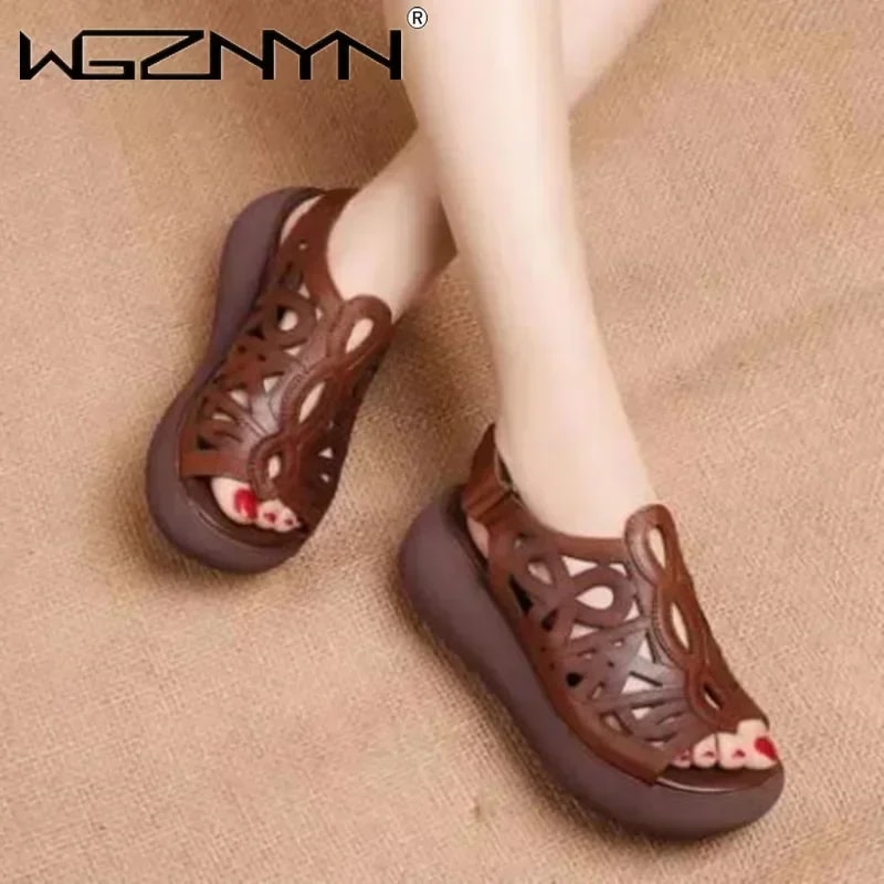Soft Leather Designer Women Sandals Luxury Wedges Shoes for Women Summer Retro Casual Female Heels