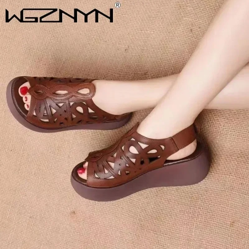 Soft Leather Designer Women Sandals Luxury Wedges Shoes for Women Summer Retro Casual Female Heels