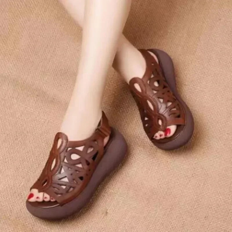 Soft Leather Designer Women Sandals Luxury Wedges Shoes for Women Summer Retro Casual Female Heels