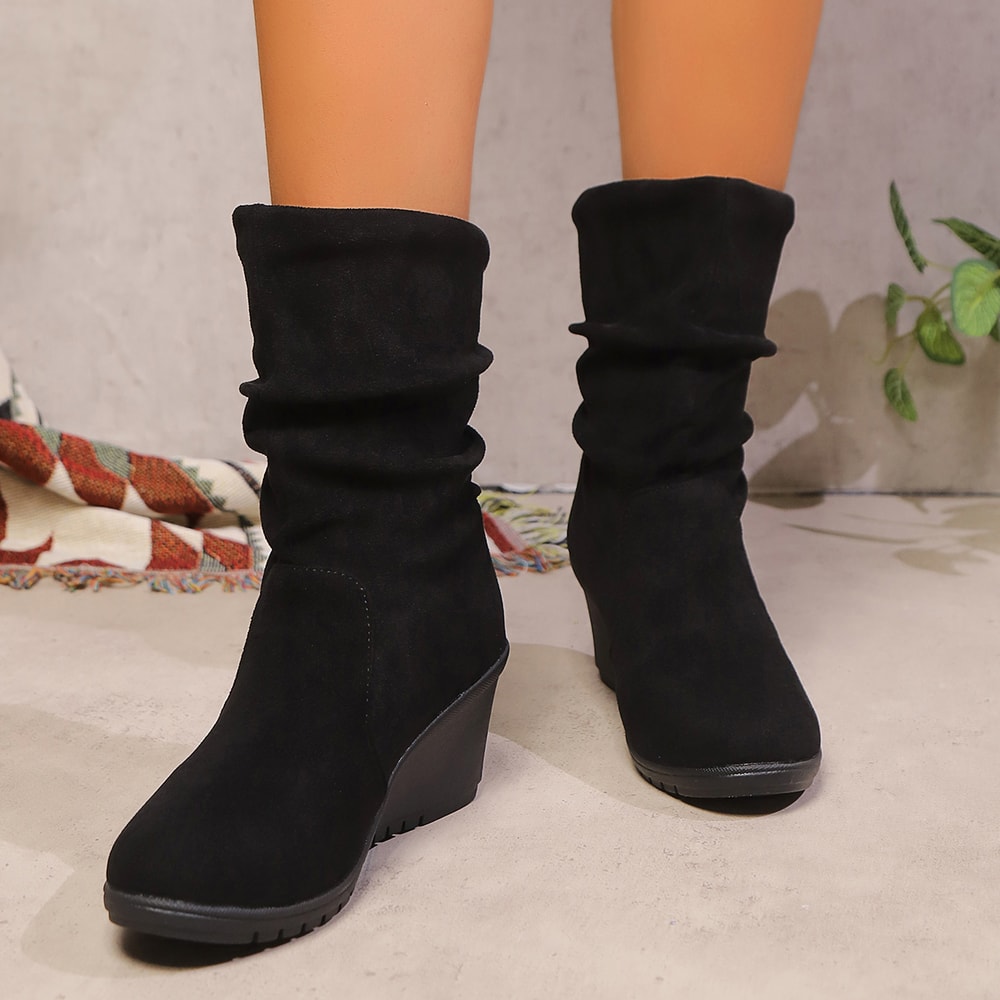 Elegant High Heels Women Wedges Boots New Winter Fashion Casual Shoes Round Toe Platform Solid Color Boots