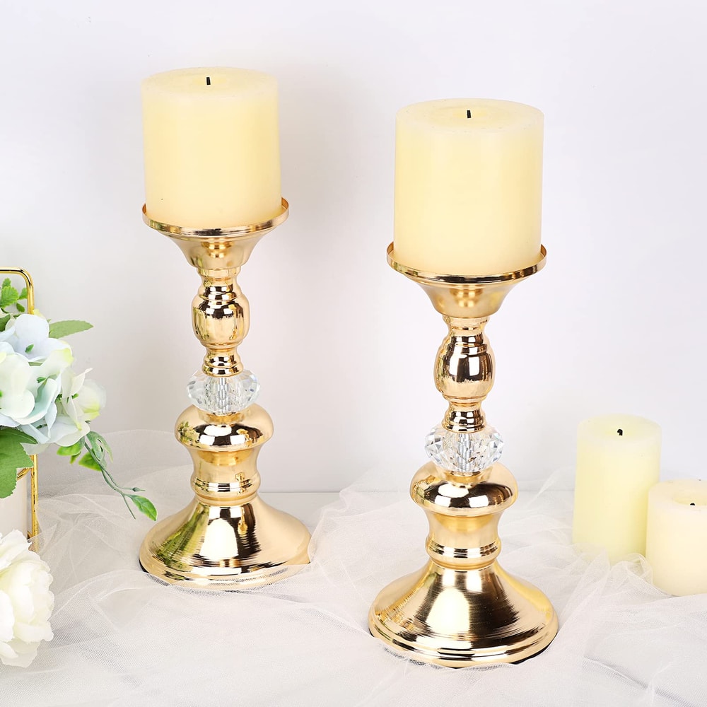 Vintage Gold Metal Pillar Candle Holders Elegant Crystal Pillar Candle Stands 1