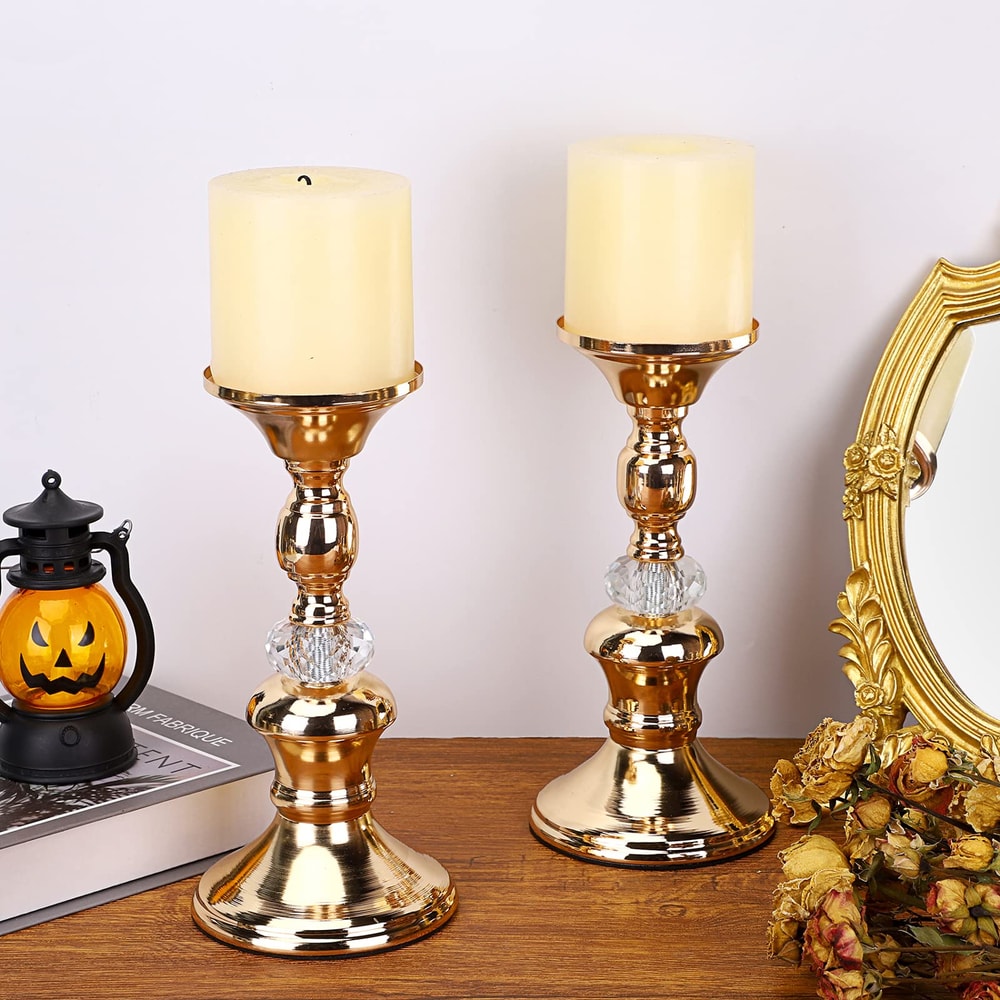 Vintage Gold Metal Pillar Candle Holders Elegant Crystal Pillar Candle Stands 2