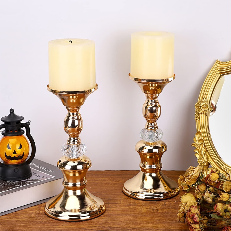 Vintage Gold Metal Pillar Candle Holders Elegant Crystal Pillar Candle Stands 2